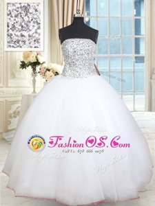 Floor Length White Quince Ball Gowns Tulle Sleeveless Beading and Sequins