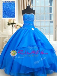 Blue Organza Lace Up Strapless Sleeveless Floor Length Quince Ball Gowns Court Train Beading and Lace and Sequins
