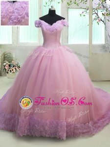 Attractive Off The Shoulder Cap Sleeves Court Train Lace Up Quinceanera Dress Lilac Tulle