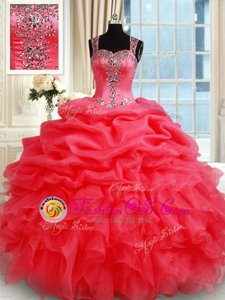 Simple Coral Red Quinceanera Dresses Military Ball and Sweet 16 and Quinceanera and For with Beading and Ruffles and Pick Ups Straps Sleeveless Zipper