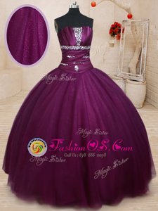 Luxurious Dark Purple Sleeveless Floor Length Beading Lace Up Quinceanera Dresses