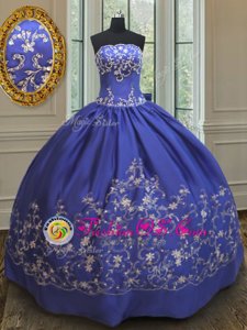 Fine Strapless Sleeveless Quince Ball Gowns Floor Length Embroidery and Bowknot Royal Blue Taffeta