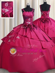 Straps Embroidery and Hand Made Flower Quinceanera Dress Burgundy Lace Up Sleeveless Floor Length