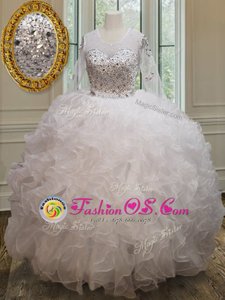 Dynamic Scoop See Through White Ball Gowns Beading and Ruffles Quinceanera Dresses Lace Up Organza Long Sleeves Floor Length