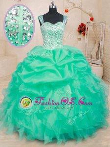 Fine Sleeveless Organza Floor Length Lace Up 15th Birthday Dress in Apple Green for with Beading and Ruffles and Pick Ups