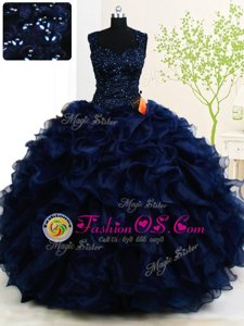 Lovely Straps Navy Blue Sleeveless Beading and Ruffles Floor Length Quinceanera Gowns