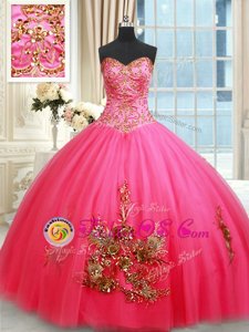 Trendy Floor Length Hot Pink Sweet 16 Dress Tulle Sleeveless Beading and Appliques