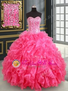 Cute Sleeveless Organza Floor Length Lace Up Quince Ball Gowns in Hot Pink for with Beading and Ruffles and Sequins