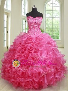 Fashion Sleeveless Floor Length Beading and Ruffles Lace Up Quinceanera Gowns with Hot Pink
