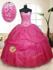 Lovely Sequins Floor Length Ball Gowns Sleeveless Hot Pink 15 Quinceanera Dress Lace Up