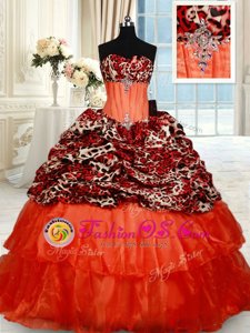 Orange Red Ball Gowns Organza Sweetheart Sleeveless Beading Lace Up Quinceanera Gown Brush Train