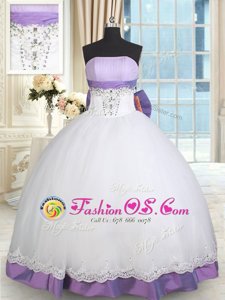 Fashion White And Purple Strapless Neckline Beading and Lace and Bowknot Quinceanera Gowns Sleeveless Lace Up
