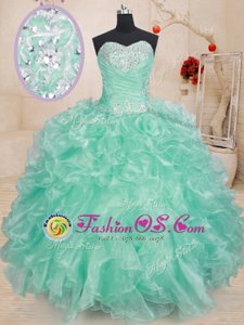Apple Green Organza Lace Up Sweetheart Sleeveless Floor Length Sweet 16 Dresses Beading and Ruffles