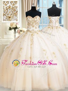 Champagne Ball Gowns Tulle Sweetheart Sleeveless Beading Floor Length Lace Up 15th Birthday Dress