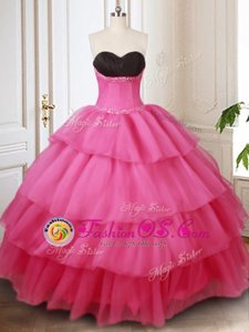 High Quality Ruffled Ball Gowns 15 Quinceanera Dress Hot Pink Sweetheart Organza Sleeveless Floor Length Lace Up