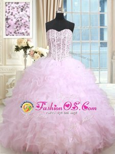 Customized Lilac Ball Gowns Sweetheart Sleeveless Organza Floor Length Lace Up Beading and Ruffles and Ruffled Layers 15 Quinceanera Dress