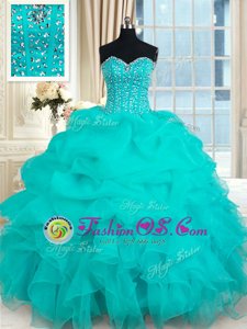 Fine Sweetheart Sleeveless Sweet 16 Dress Floor Length Beading and Ruffles and Pick Ups Turquoise Organza