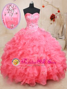 Pink Sleeveless Organza Lace Up Vestidos de Quinceanera for Military Ball and Sweet 16 and Quinceanera
