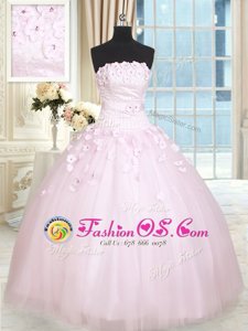 Sleeveless Tulle Floor Length Lace Up Quince Ball Gowns in Baby Pink for with Beading and Appliques