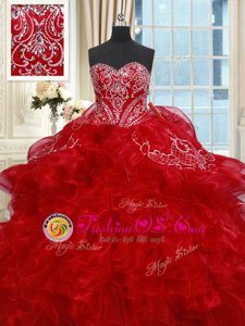 High End Red Ball Gowns Beading and Ruffles 15 Quinceanera Dress Lace Up Organza Sleeveless Floor Length