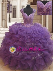 Straps Floor Length Eggplant Purple Quince Ball Gowns Organza Cap Sleeves Beading and Ruffles