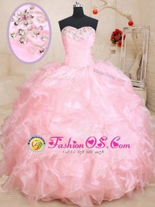 Red Ball Gowns Sweetheart Long Sleeves Organza and Tulle Floor Length Zipper Beading and Sequins and Pick Ups Ball Gown Prom Dress
