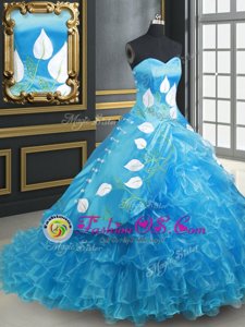 With Train Baby Blue Ball Gown Prom Dress Organza and Taffeta Brush Train Sleeveless Embroidery and Ruffled Layers
