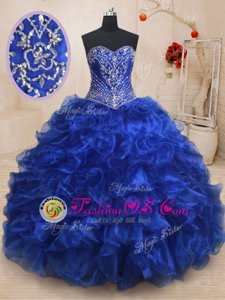 Super Floor Length Blue Vestidos de Quinceanera Taffeta Sleeveless Beading and Embroidery and Ruffled Layers