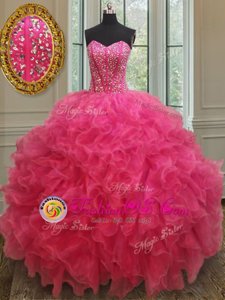 Deluxe Organza Sweetheart Sleeveless Lace Up Beading and Ruffles Quinceanera Dress in Hot Pink