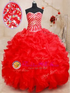 Exceptional Sleeveless Beading and Ruffles and Pick Ups Lace Up Quinceanera Dresses with Red Brush Train