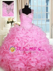 Straps Sleeveless 15th Birthday Dress Floor Length Beading and Ruffles Rose Pink Organza