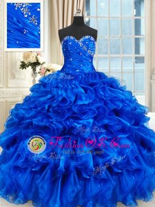 Romantic Sleeveless Floor Length Beading and Ruffles Lace Up 15 Quinceanera Dress with Royal Blue