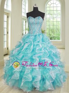 Nice Beading and Ruffles Sweet 16 Dress Blue And White Lace Up Sleeveless Floor Length