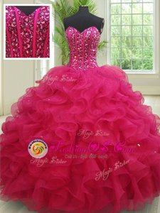 Decent Fuchsia Sweetheart Neckline Beading and Ruffles Quinceanera Dresses Sleeveless Lace Up