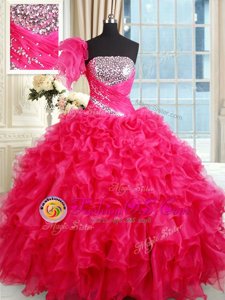 Strapless Sleeveless Quince Ball Gowns Floor Length Sequins Hot Pink Organza
