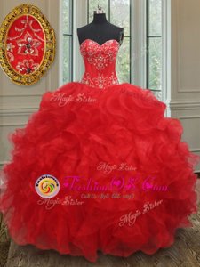 Sleeveless Organza Floor Length Lace Up Sweet 16 Dress in Red for with Beading and Ruffles