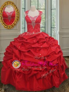 Custom Made Straps Taffeta Cap Sleeves Floor Length Quinceanera Dress and Beading and Pick Ups