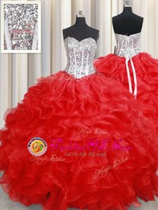 Smart Red Lace Up Sweetheart Beading and Ruffles Quince Ball Gowns Organza Sleeveless