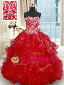 Sleeveless Organza Brush Train Lace Up Sweet 16 Quinceanera Dress in Red for with Beading and Embroidery and Ruffled Layers