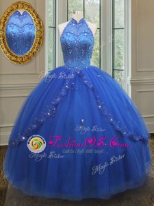 See Through Ball Gowns Sweet 16 Quinceanera Dress Royal Blue High-neck Tulle Sleeveless Floor Length Lace Up