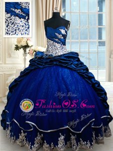 Affordable Sleeveless Appliques and Pick Ups Lace Up Quinceanera Gown with Royal Blue Court Train