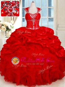 Red Ball Gowns Ruffles and Pick Ups Quince Ball Gowns Backless Organza and Taffeta Cap Sleeves Floor Length