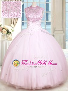 Baby Pink Ball Gowns Beading Sweet 16 Dress Lace Up Satin and Tulle Sleeveless Floor Length