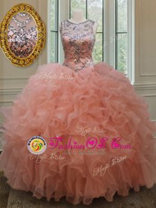 Clearance Scoop See Through Floor Length Peach Sweet 16 Quinceanera Dress Organza Sleeveless Beading and Ruffles