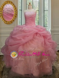 Pink Lace Up Sweet 16 Quinceanera Dress Embroidery and Pick Ups Sleeveless Floor Length