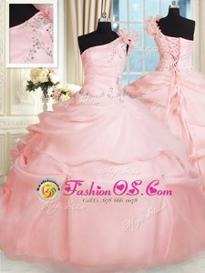 Latest Ball Gowns Quinceanera Dress Pink One Shoulder Organza Sleeveless Floor Length Lace Up