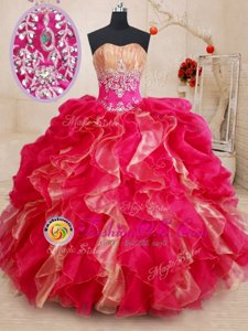 Discount Red Sleeveless Floor Length Beading and Ruffles Lace Up Quince Ball Gowns
