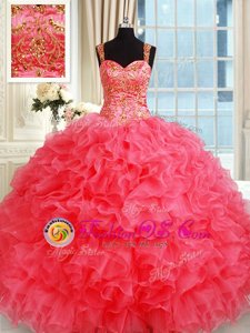 Coral Red Straps Lace Up Beading and Ruffles Sweet 16 Quinceanera Dress Sleeveless