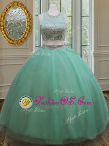 Fashionable Scoop Floor Length Apple Green 15th Birthday Dress Tulle Sleeveless Beading