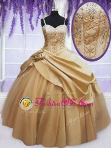 Customized Sleeveless Taffeta Floor Length Lace Up Sweet 16 Dresses in Champagne for with Beading and Appliques and Hand Made Flower